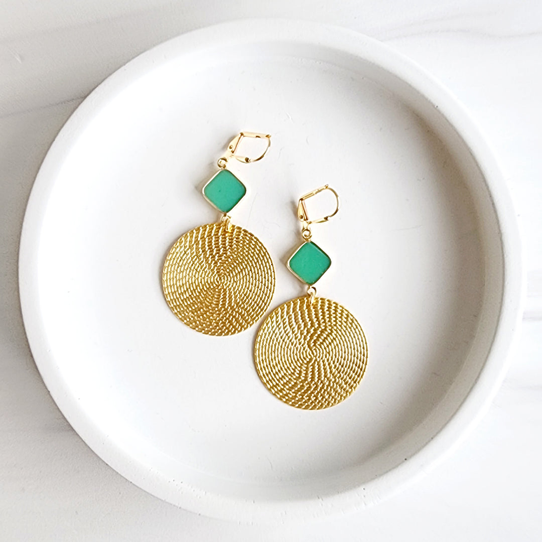 Patterned Circle Earrings with Turquoise Stone in Brushed Brass Gold