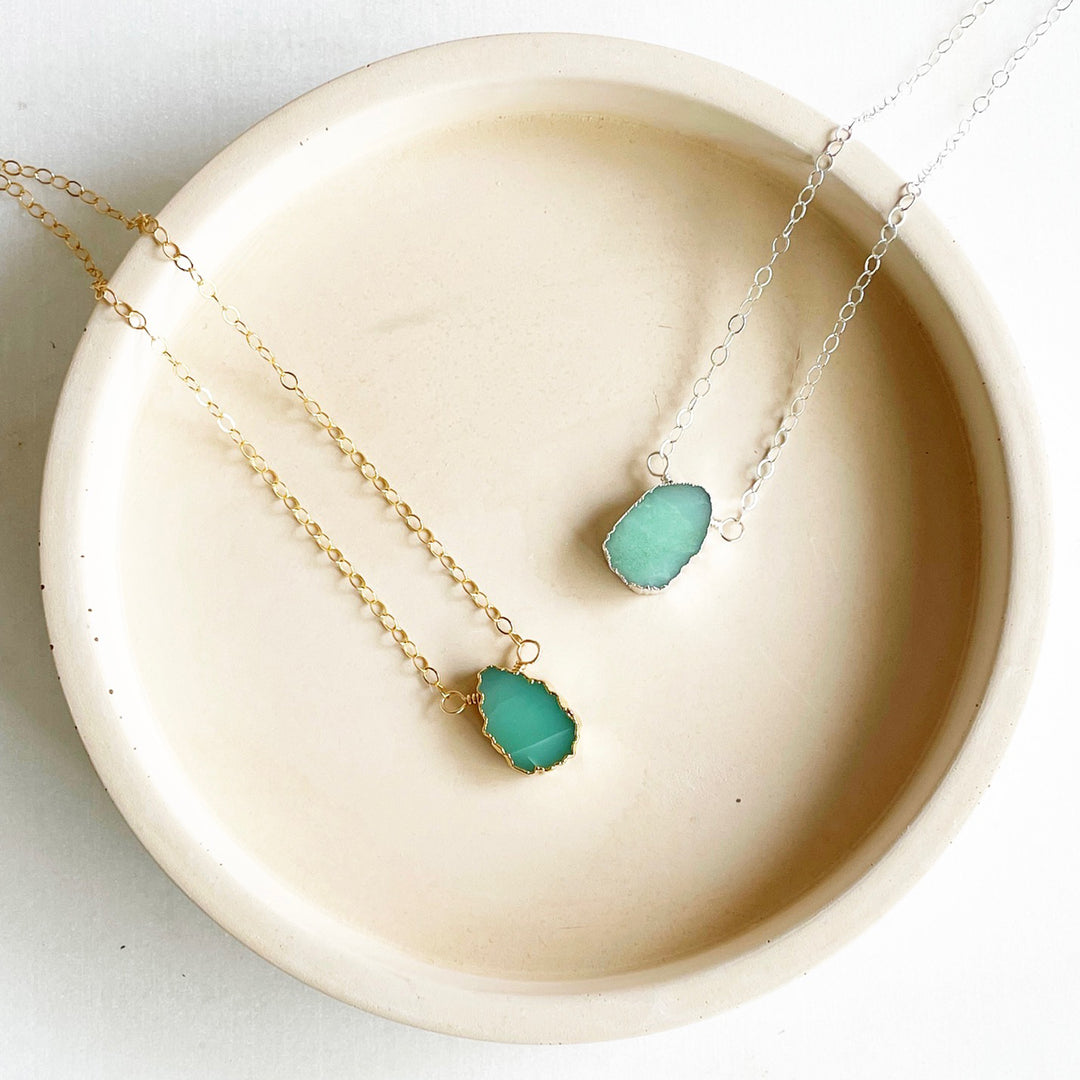 Scalloped Aqua Chrysoprase Gemstone Slice Necklace in Gold and Silver