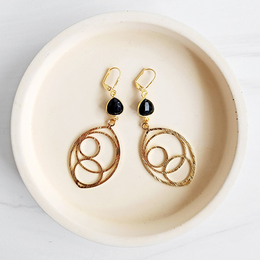 Black Onyx Marquise Circle Shaped Earrings in Brushed Brass Gold