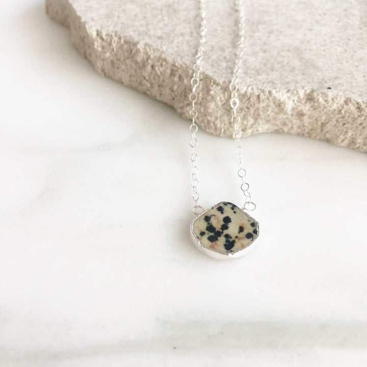 Dainty Gemstone Necklace in Silver. Dalmatian Jasper Necklace. Delicate Gemstone Layering Necklace