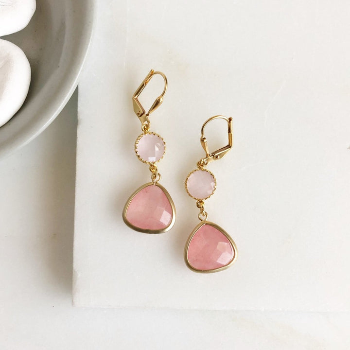 Soft Pink and Peach Glass Drop Earrings in Gold. Gold Pink Earrings