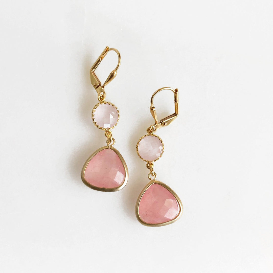 Soft Pink and Peach Glass Drop Earrings in Gold. Gold Pink Earrings