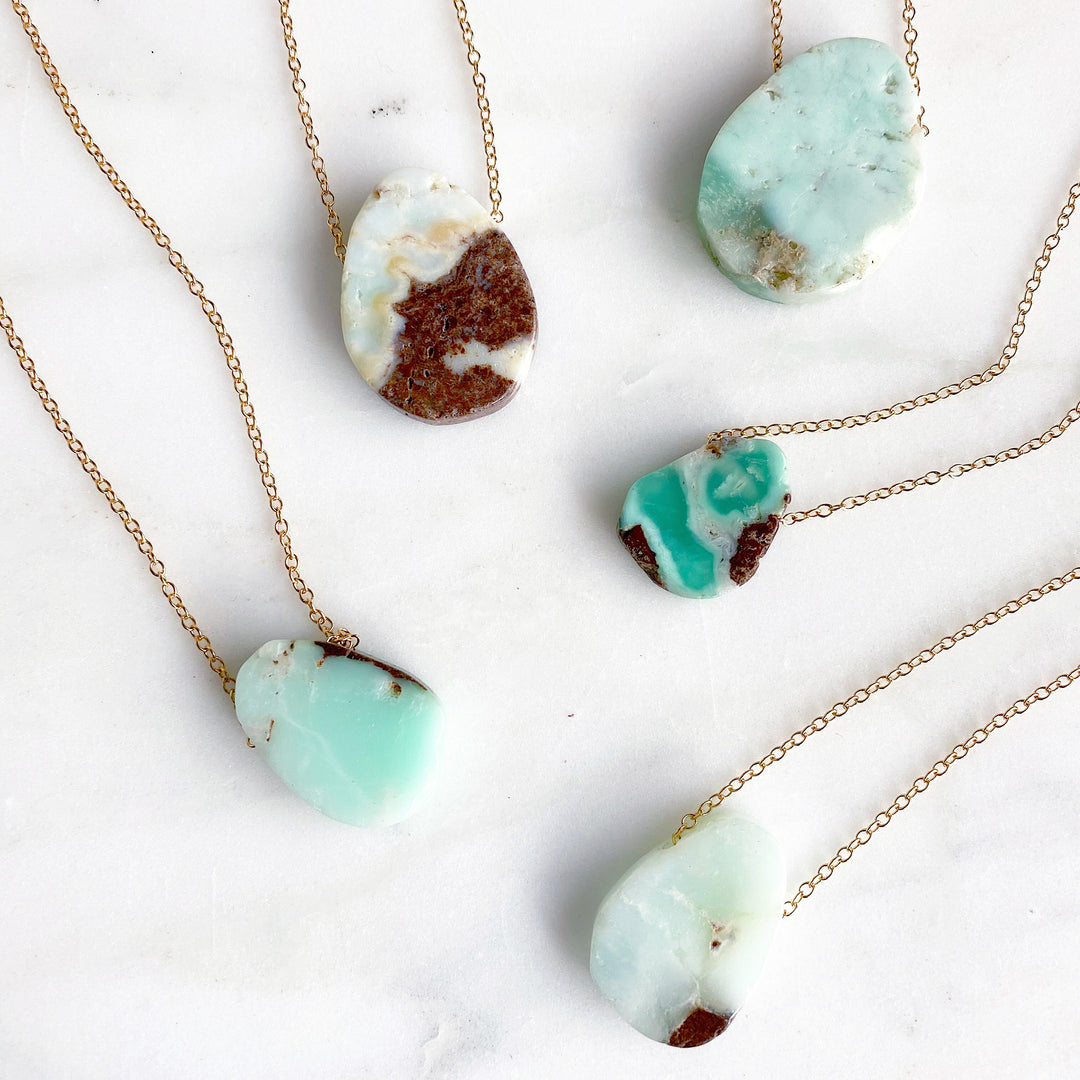 Floating Stone Necklace in Gold. Chrysoprase Stone Necklace. Australian Jade Necklace