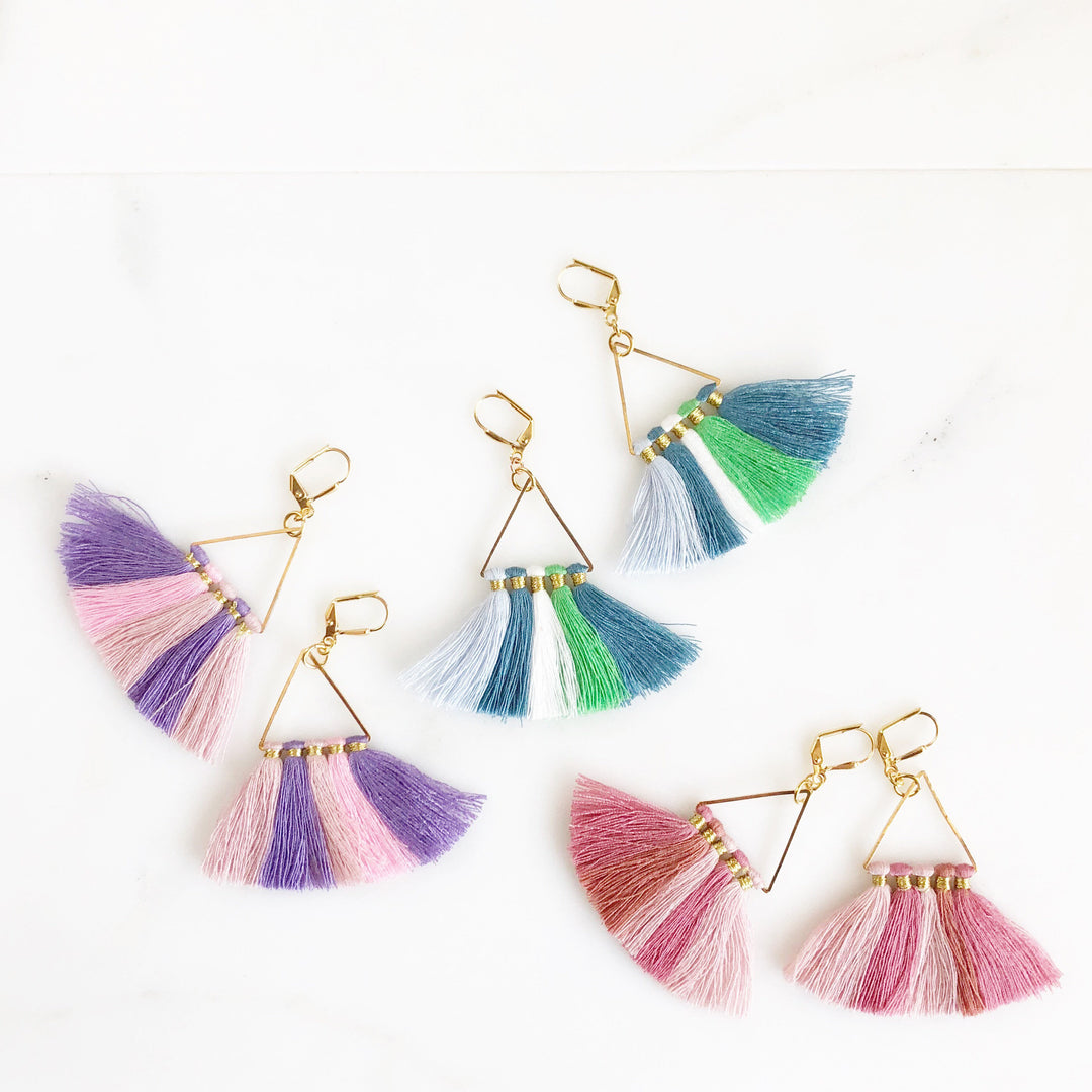 Pink Blue Multicolor Tassel Statement Earrings