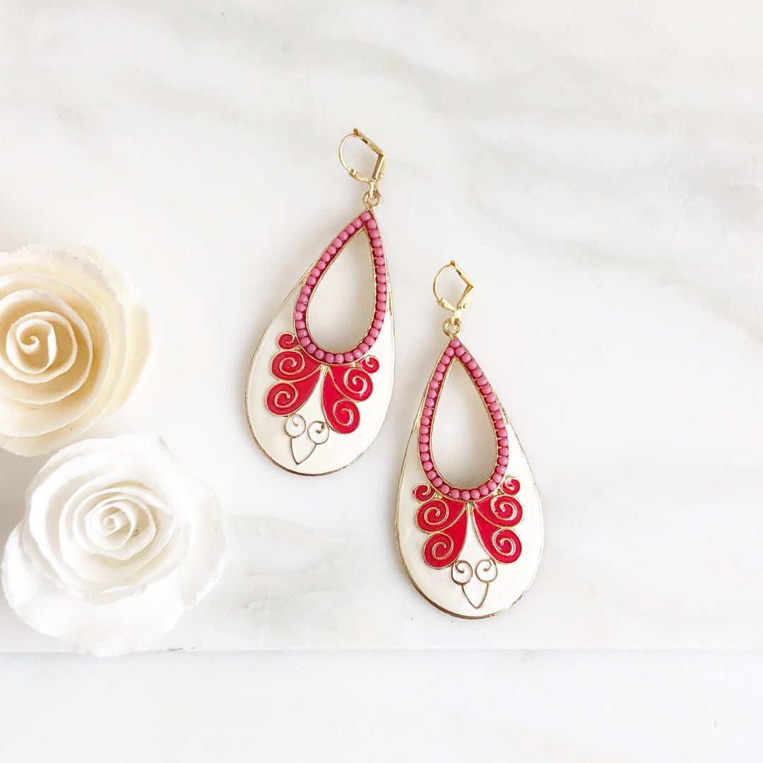 Fun Bold Red Teardrop Earrings. Red and White Statement Earrings. Gold Statement Earrings. Pink.