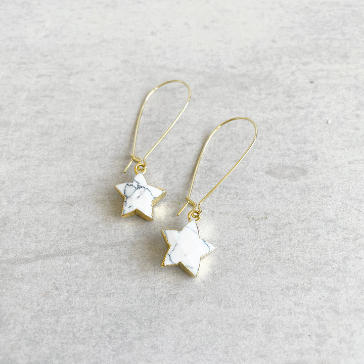 White Turquoise Star Drop Earrings in Gold