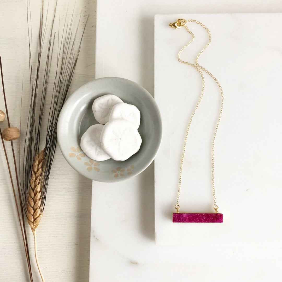 Pink Druzy Bar Necklace in Gold. Druzy Necklace. Pink Druzy Necklace