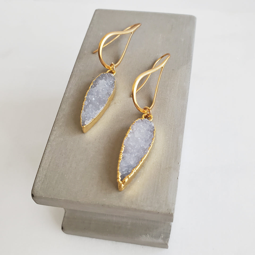 Grey Druzy Teardrop Stone Dangle Earrings in Gold