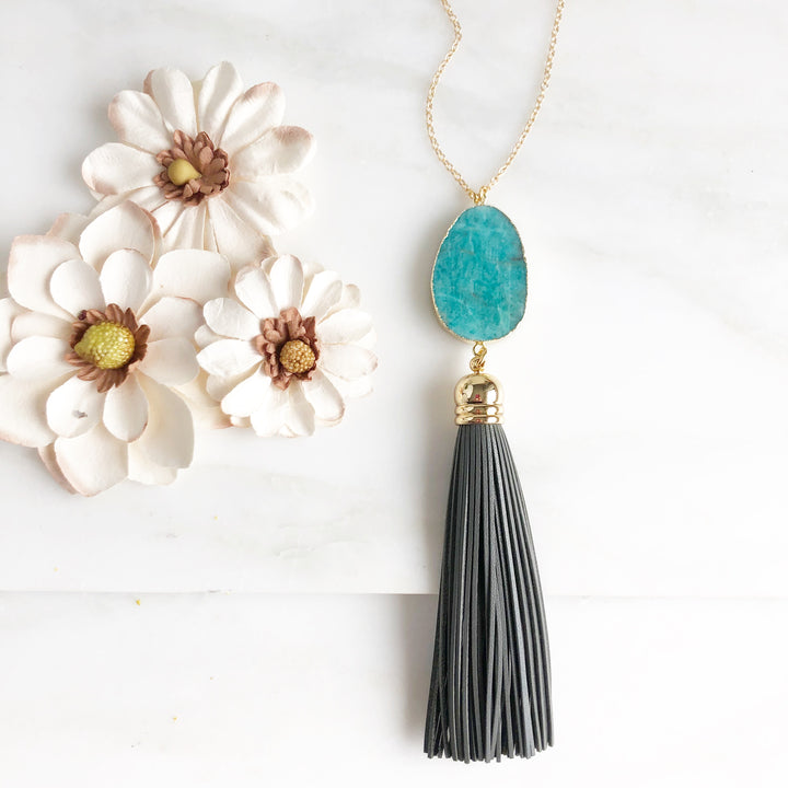 Tassel Necklace. Leather Tassel Necklace. Long Tassel Necklace. Boho Tassel Jewelry. Gold Necklace.