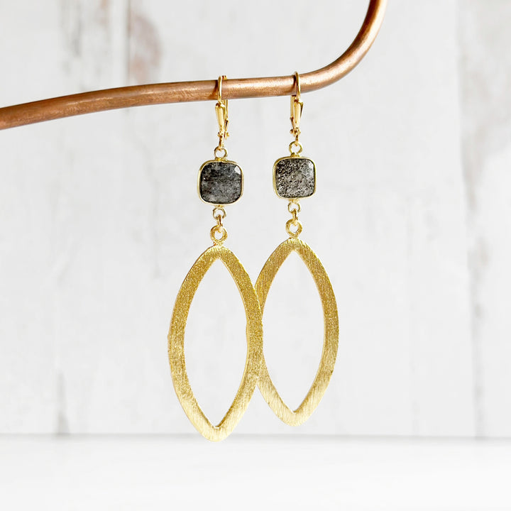 Marquise and Black Sunstone Statement Earrings in Brushed Brass Gold