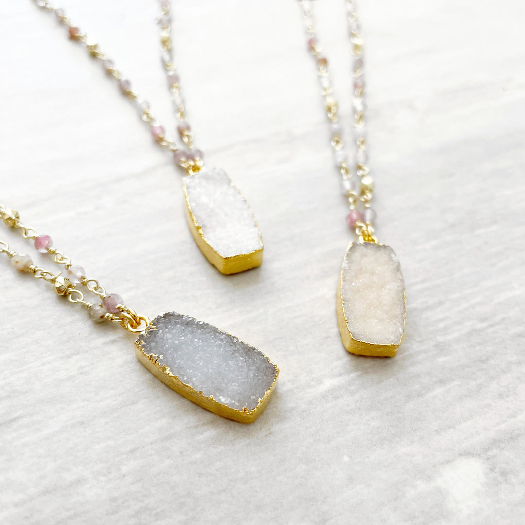 Druzy Pendant Beaded Necklace in Gold