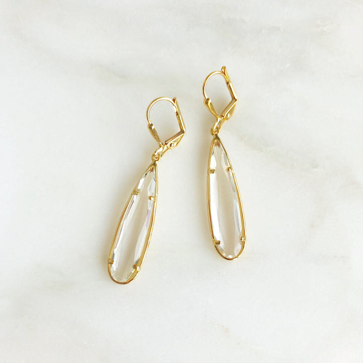 Long Clear Glass Teardrop Earrings in Gold. Simple Glass Earrings
