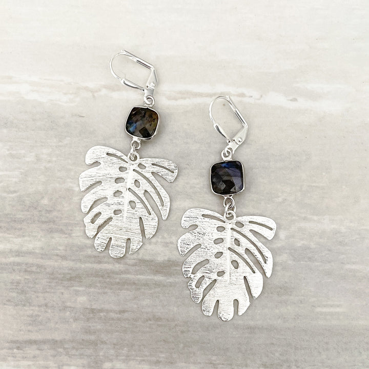 Labradorite Monstera Earrings in Silver. Plant Leaf Earrings