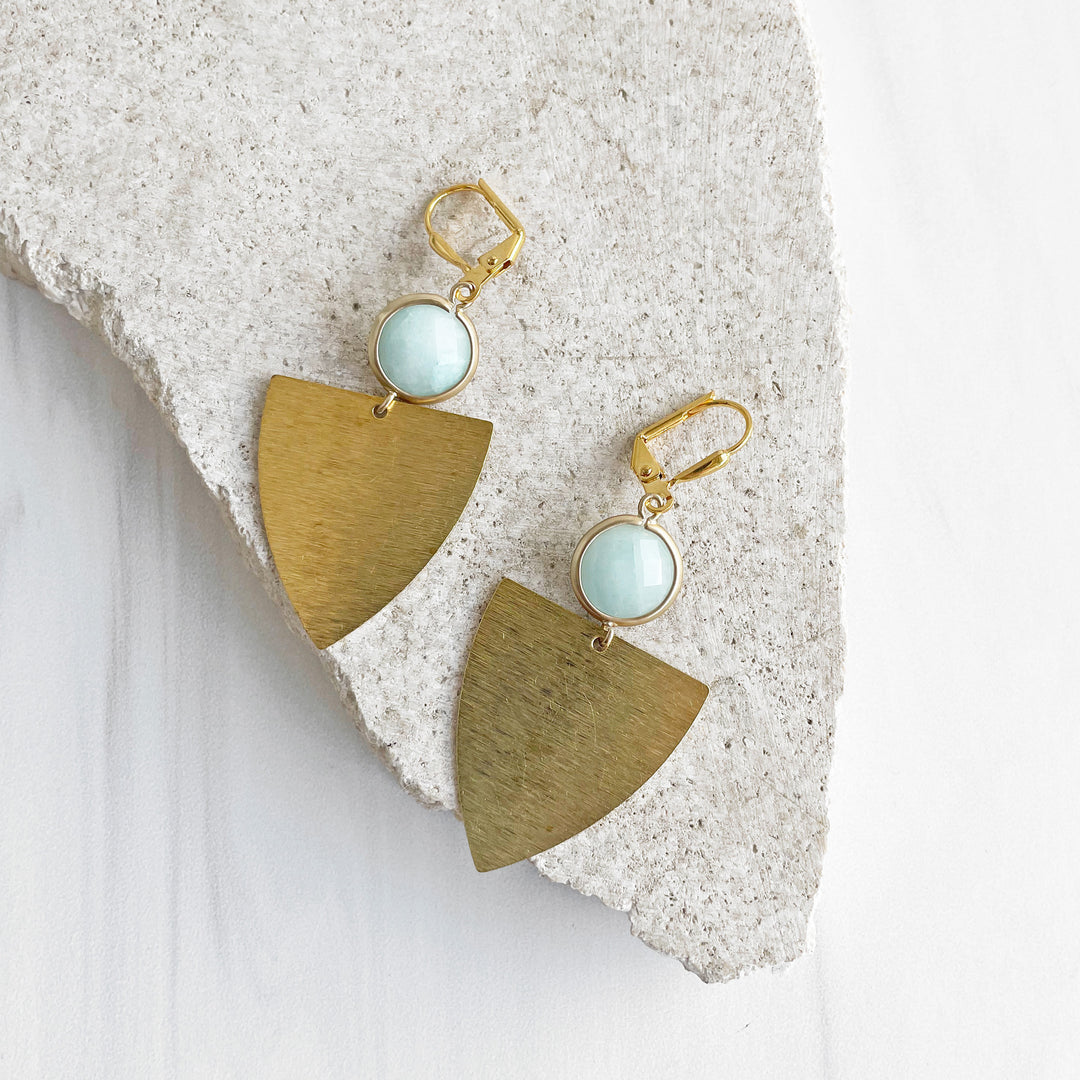 Brass Shield and Blue Stone Dangle Earrings in Gold