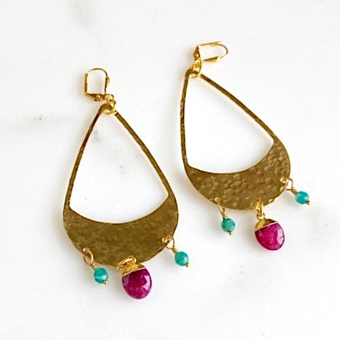 Super Big Statement Earrings with Hammered Brass Teardrops and Fuchsia Oval Stones and Amazonite Beads