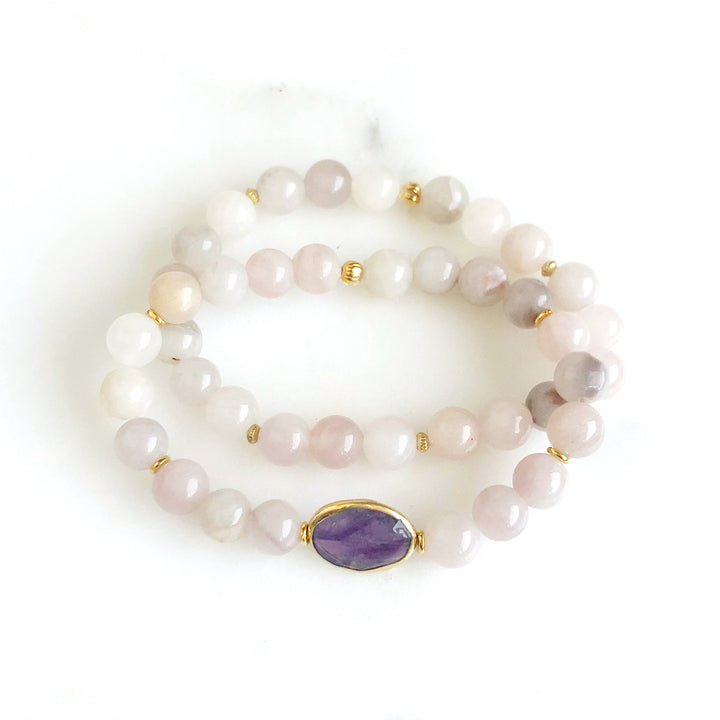 Set of 2 Stretchy Beaded Bracelets with Amethyst and Rose Quartz Beads