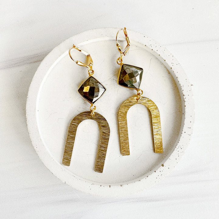 Horseshoe Dangle Earrings with Pyrite Stones in Brushed Brass Gold
