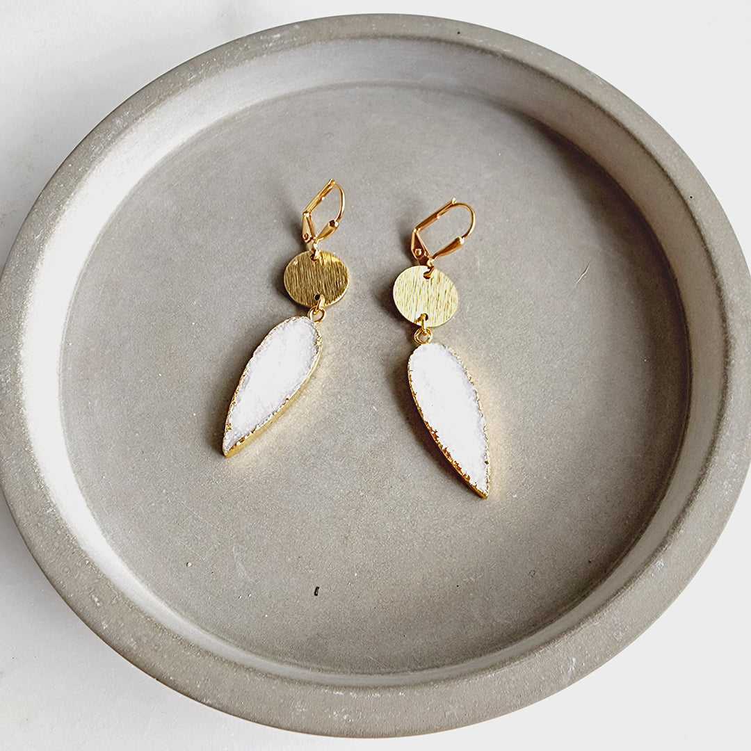 White Druzy Teardrop Earrings with Dainty Circle Pendant in Gold