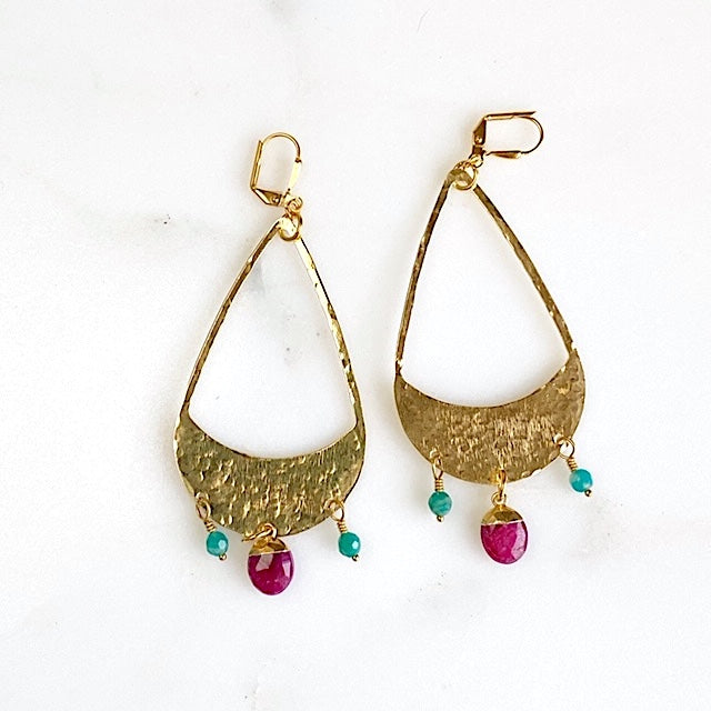Super Big Statement Earrings with Hammered Brass Teardrops and Fuchsia Oval Stones and Amazonite Beads