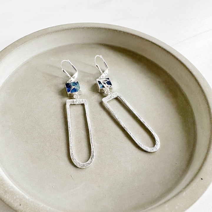 Sapphire Blue Mojave Horseshoe Earrings in Brushed Silver