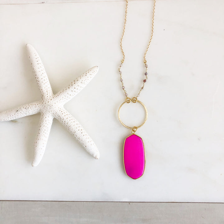Hot Pink Oval Shield Necklace with Strawberry Quartz Beaded Chain in Gold