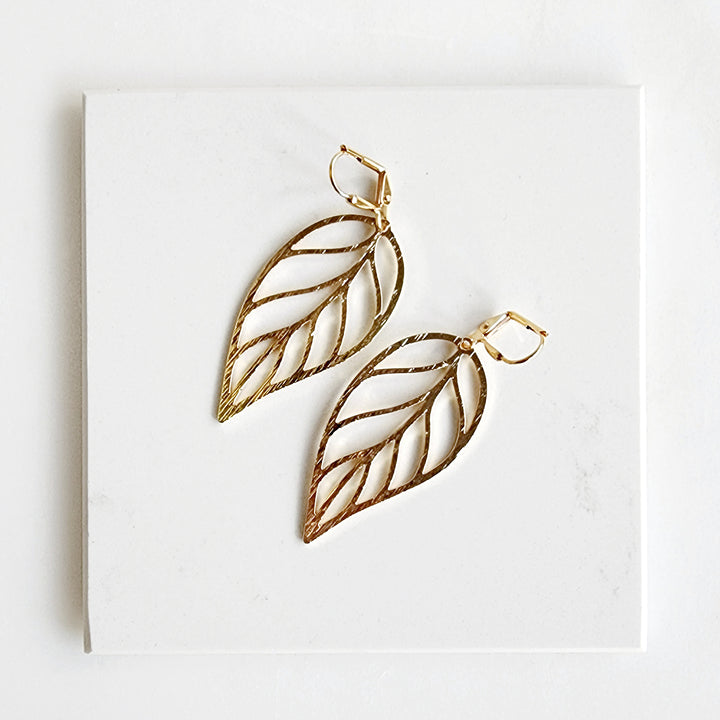 Leaf Statement Earrings in Brushed Brass Gold