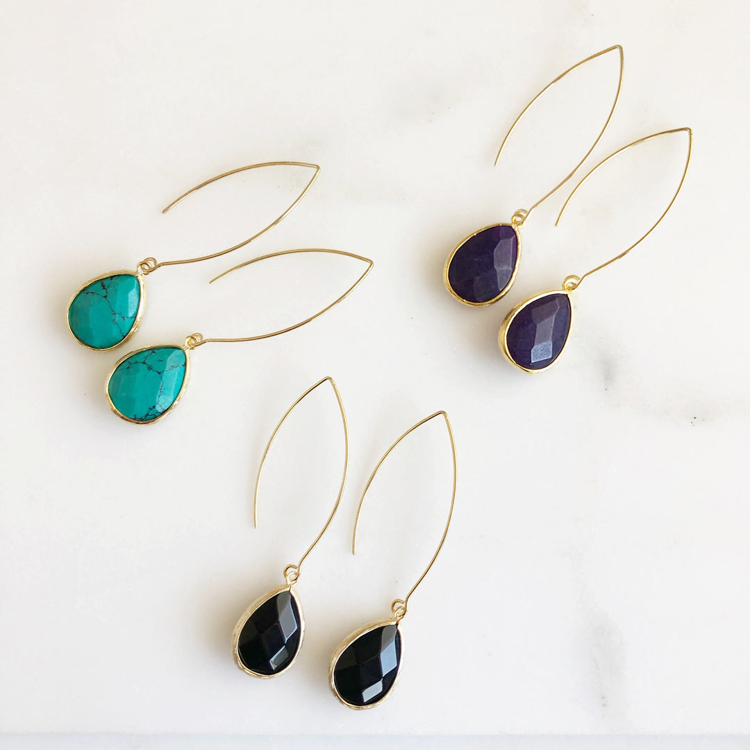 Long Stone Drop Earrings in Gold. Dangle Earrings