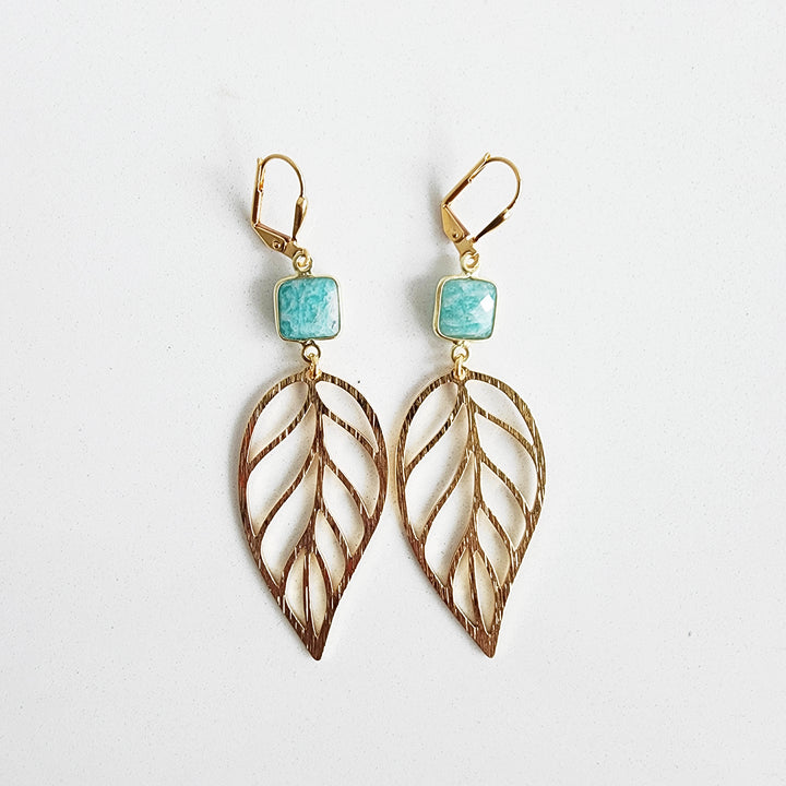 Amazonite Leaf Statement Earrings in Brushed Brass Gold