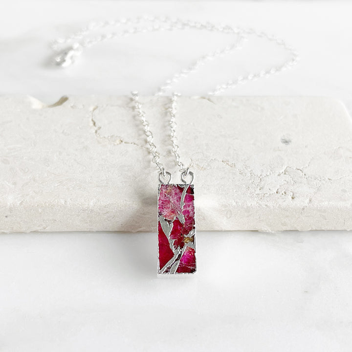 Fuchsia Rectangle Gemstone Slice Necklace in Sterling Silver