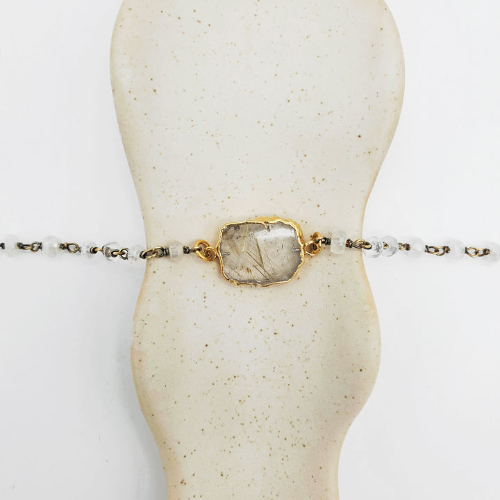 Rutilated Quartz Bracelet with Moonstone Beads in Gold