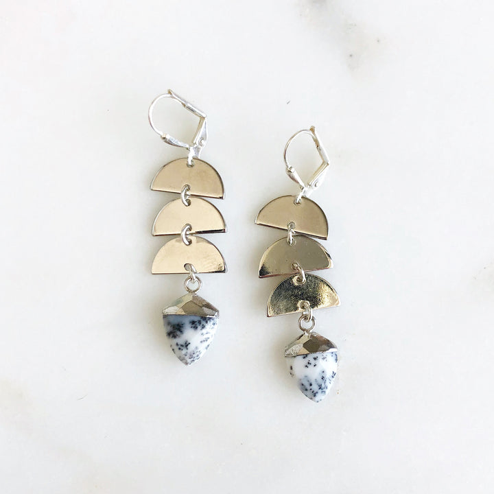 Dendrite Opal Shield Earrings in Silver. Geometric Dangle Earrings