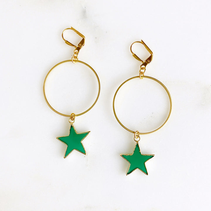 Hoop Earrings with Star Drops. Green Black Turquoise Star and Gold Hoop Earrings. Dangle Earrings