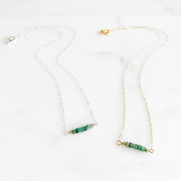Emerald Beaded Bar Necklace in 14k Gold Filled or Sterling Silver. Simple Bar Necklace