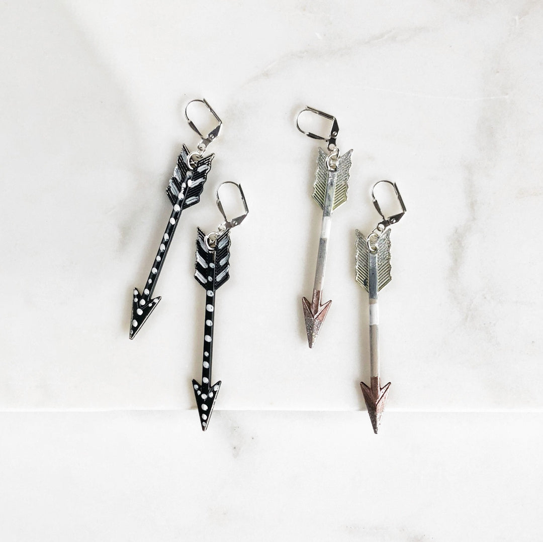 Arrow Dangle Earrings in Silver. Black and White Drop Arrow Earrings. Boho Chic Arrow Earrings. Bohemian Earrings. Gift