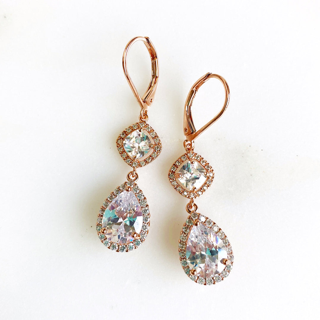 Rose Gold Bridal Earrings. Rose Gold Dangle Earrings with CZ Stones. Rose Gold Wedding Jewelry