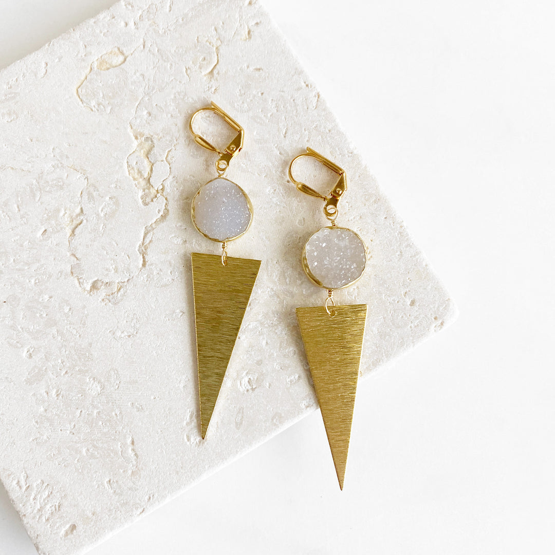 White Druzy and Triangle Earrings in Gold