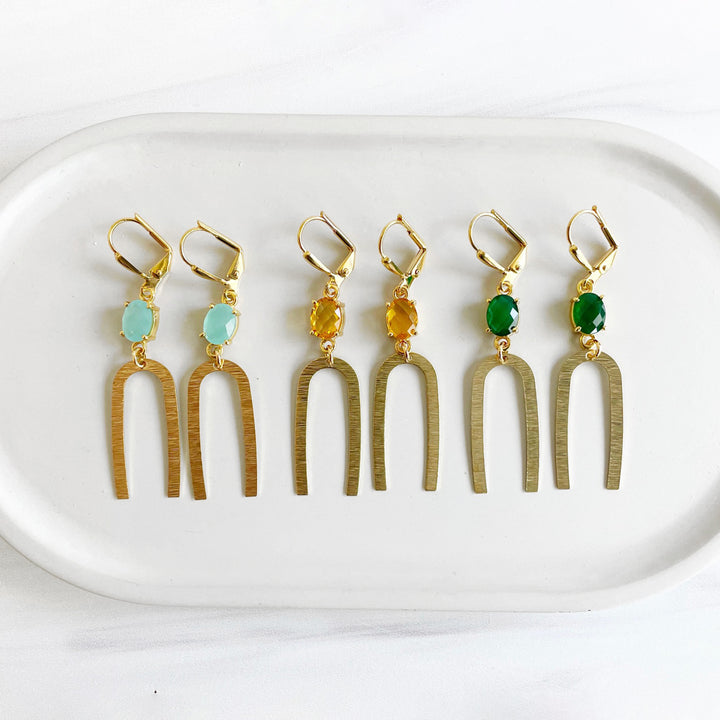 Gold Horseshoe Earrings with Emerald Green Stone