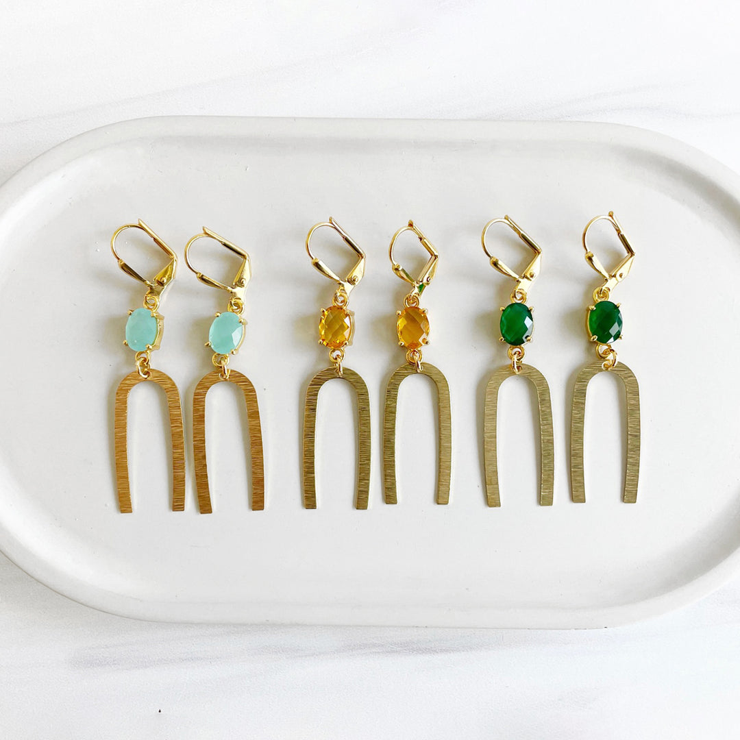 Gold Horseshoe Earrings with Aqua Stones