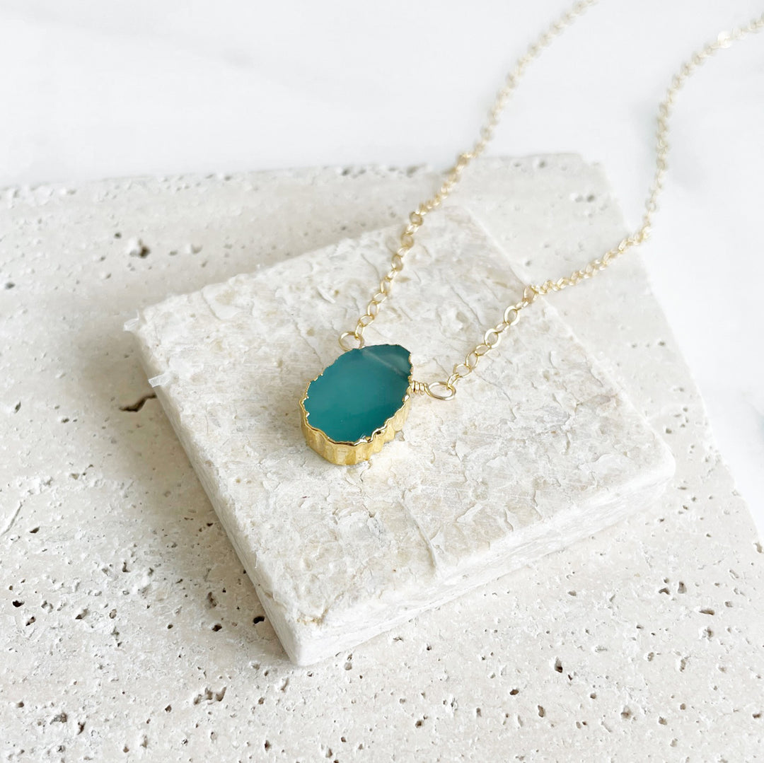 Scalloped Aqua Green Chalcedony Gemstone Slice Necklace in Gold