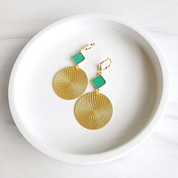Patterned Circle Earrings with Turquoise Stone in Brushed Brass Gold