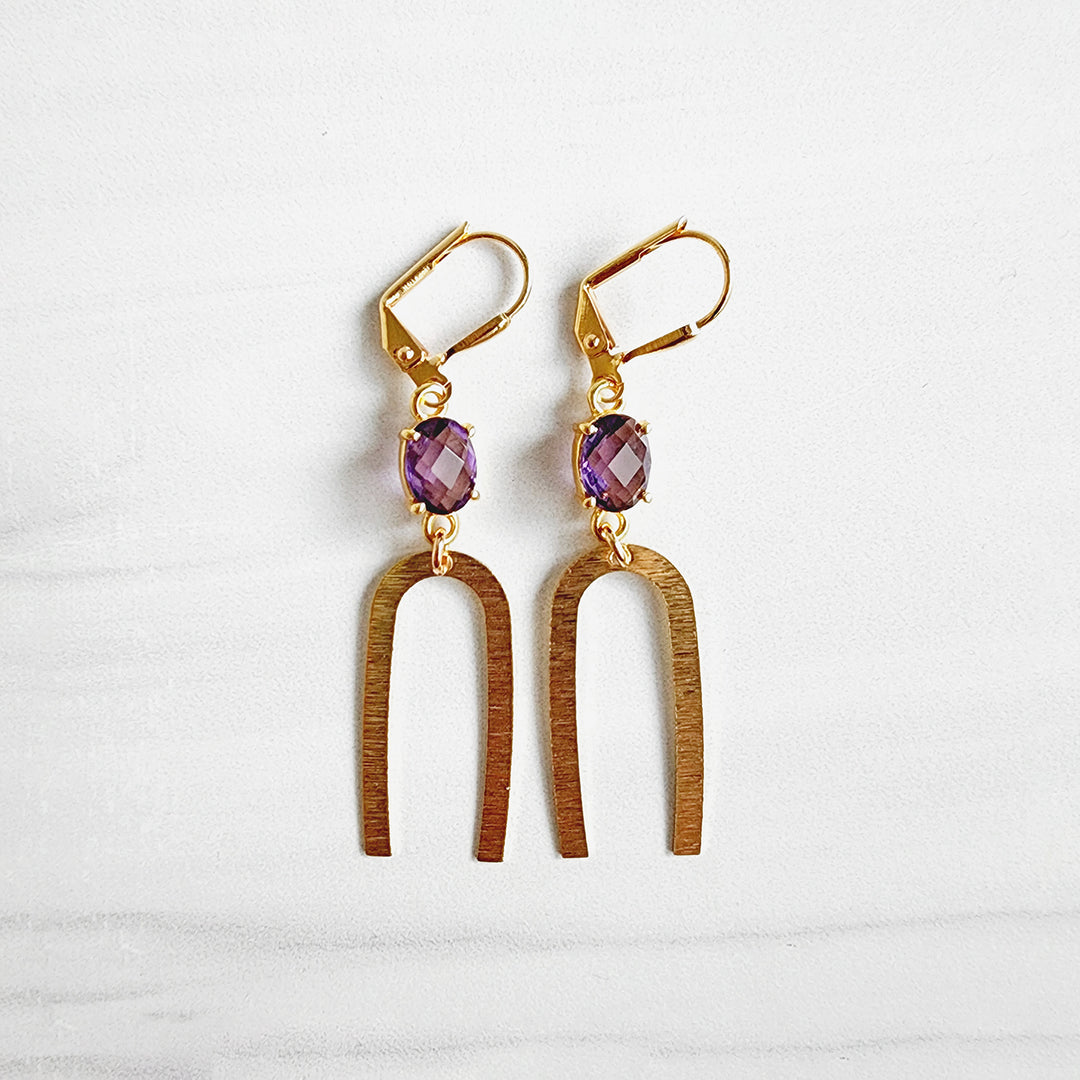 Gold Horseshoe Earrings with Amethyst Stones