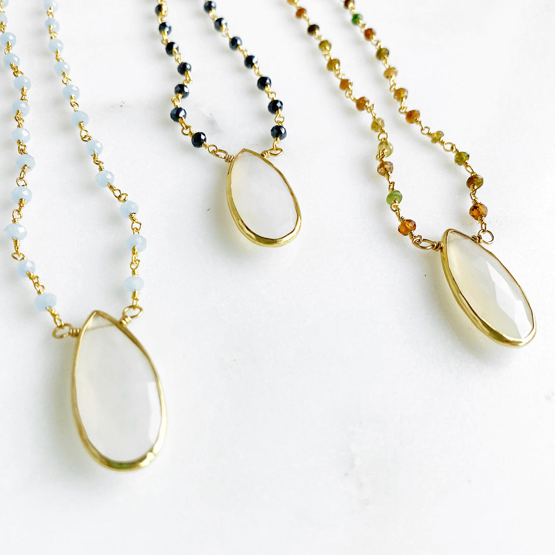 White Chalcedony Teardrop Necklace with Beaded Chain. Gold Chalcedony Pendant Necklace