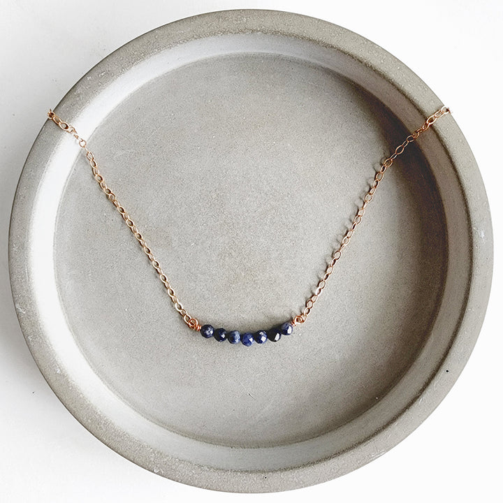 Blue Sapphire Beaded Bar Necklace in Rose Gold