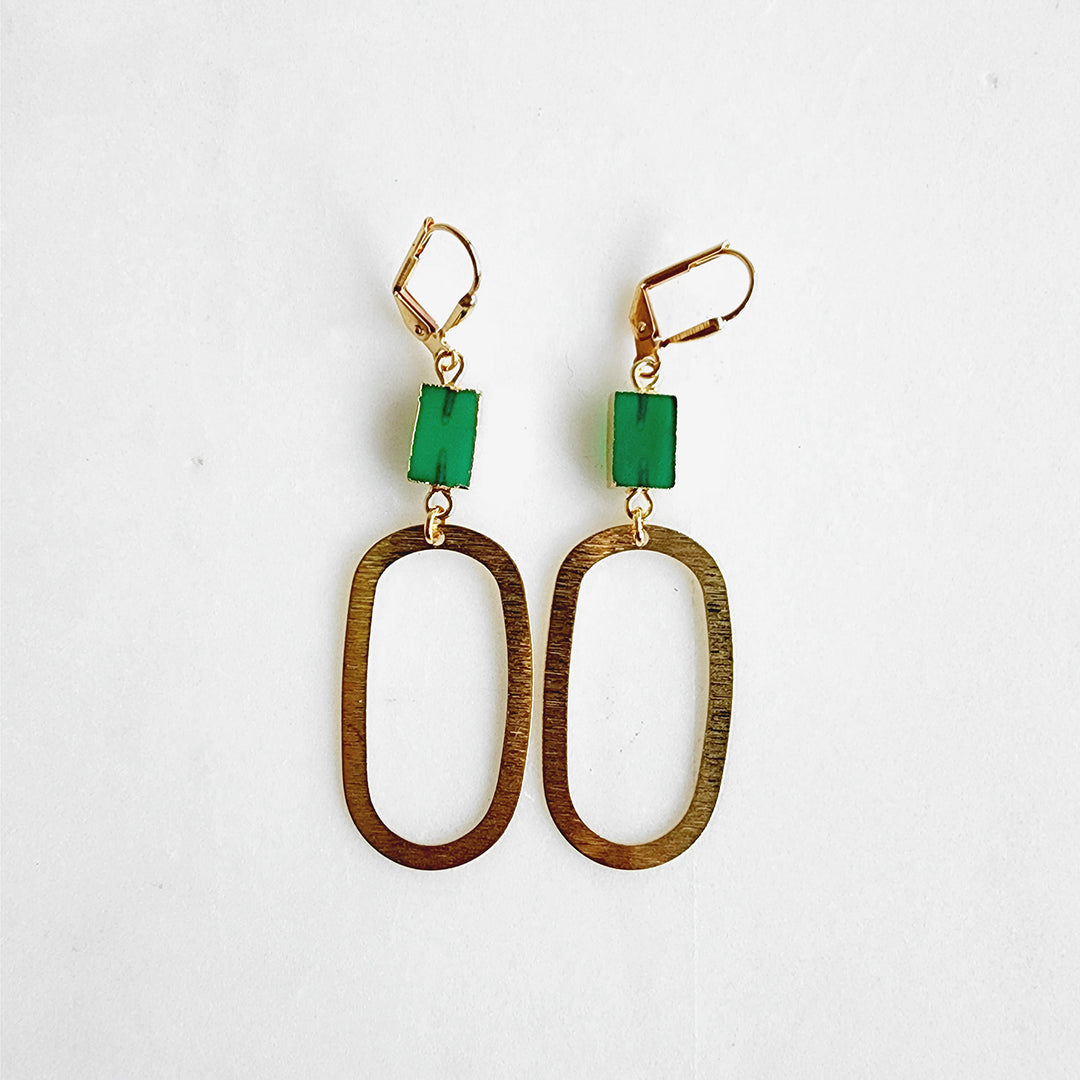 Green Onyx Open Oval Earrings in Brushed Brass Gold