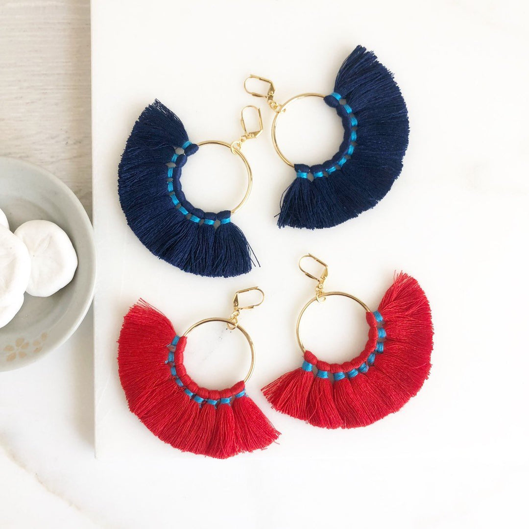 Red and Blue Tassel Earrings in Gold