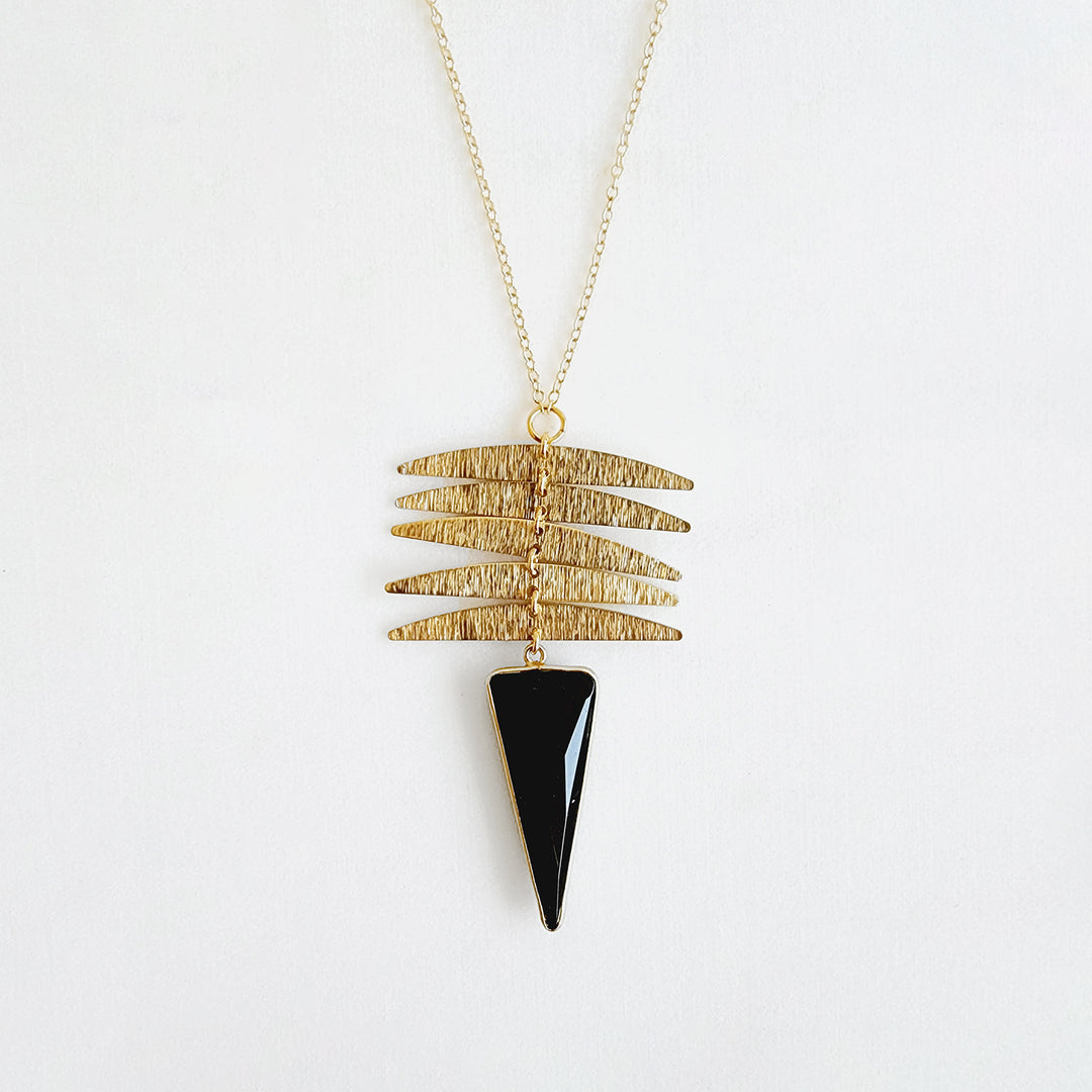 Long Bezel Necklace with Rotating Brass Pendant in Gold