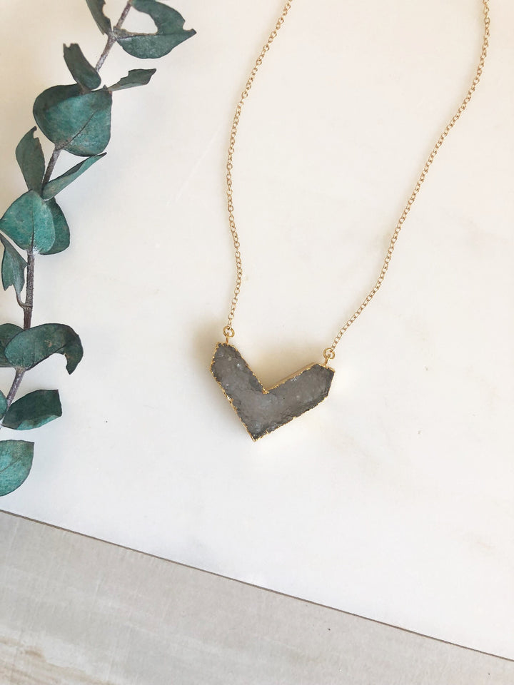 Grey Chevron Druzy Necklace in Gold. Neutral Geode Necklace. Gold Necklace.