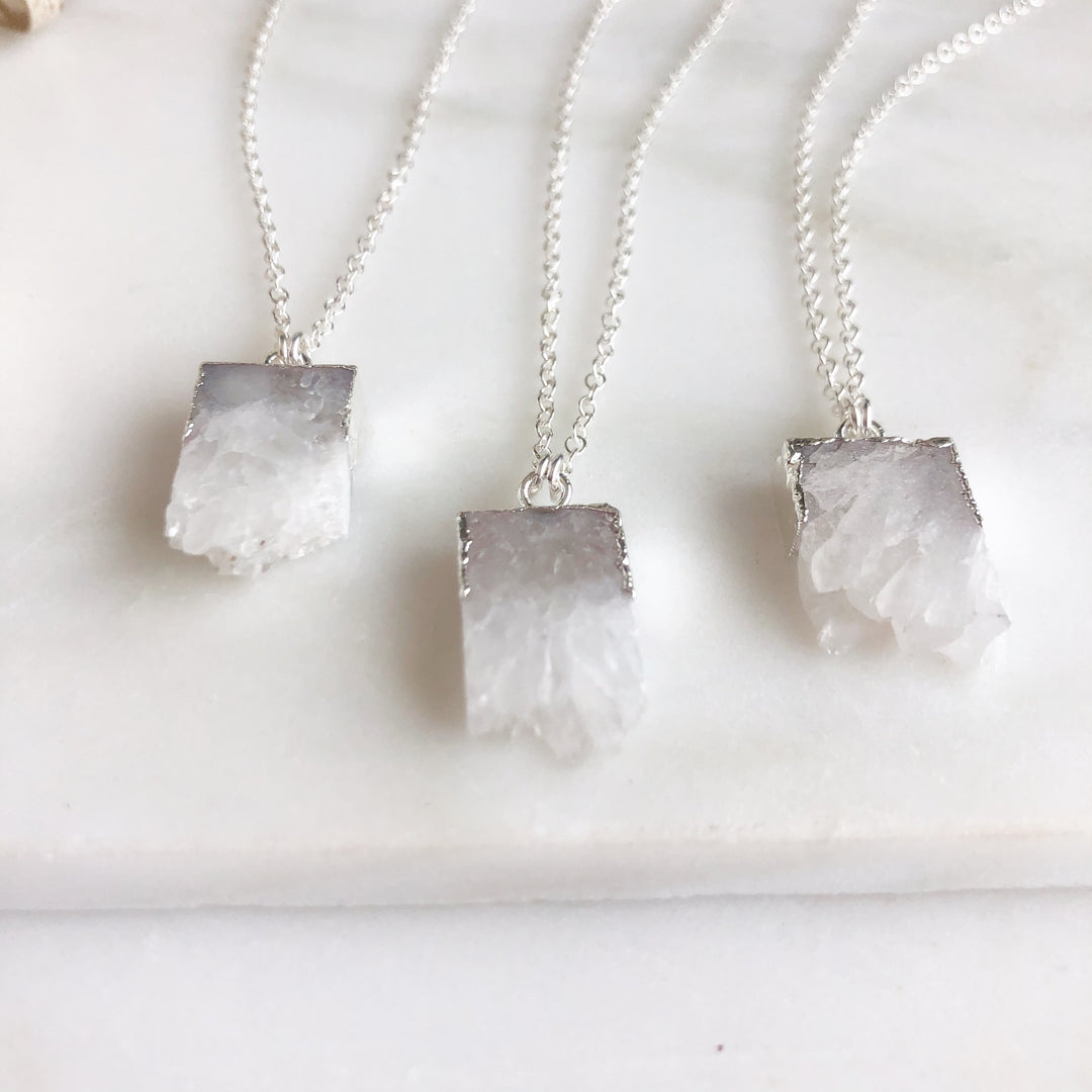 Raw Edge White Grey Druzy Quartz Necklace in Sterling Silver. Natural Stone Necklace.