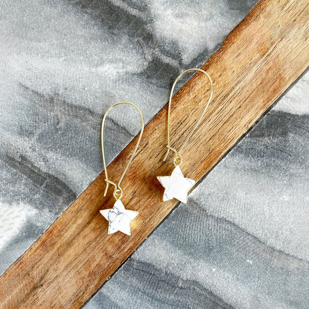 White Turquoise Star Drop Earrings in Gold