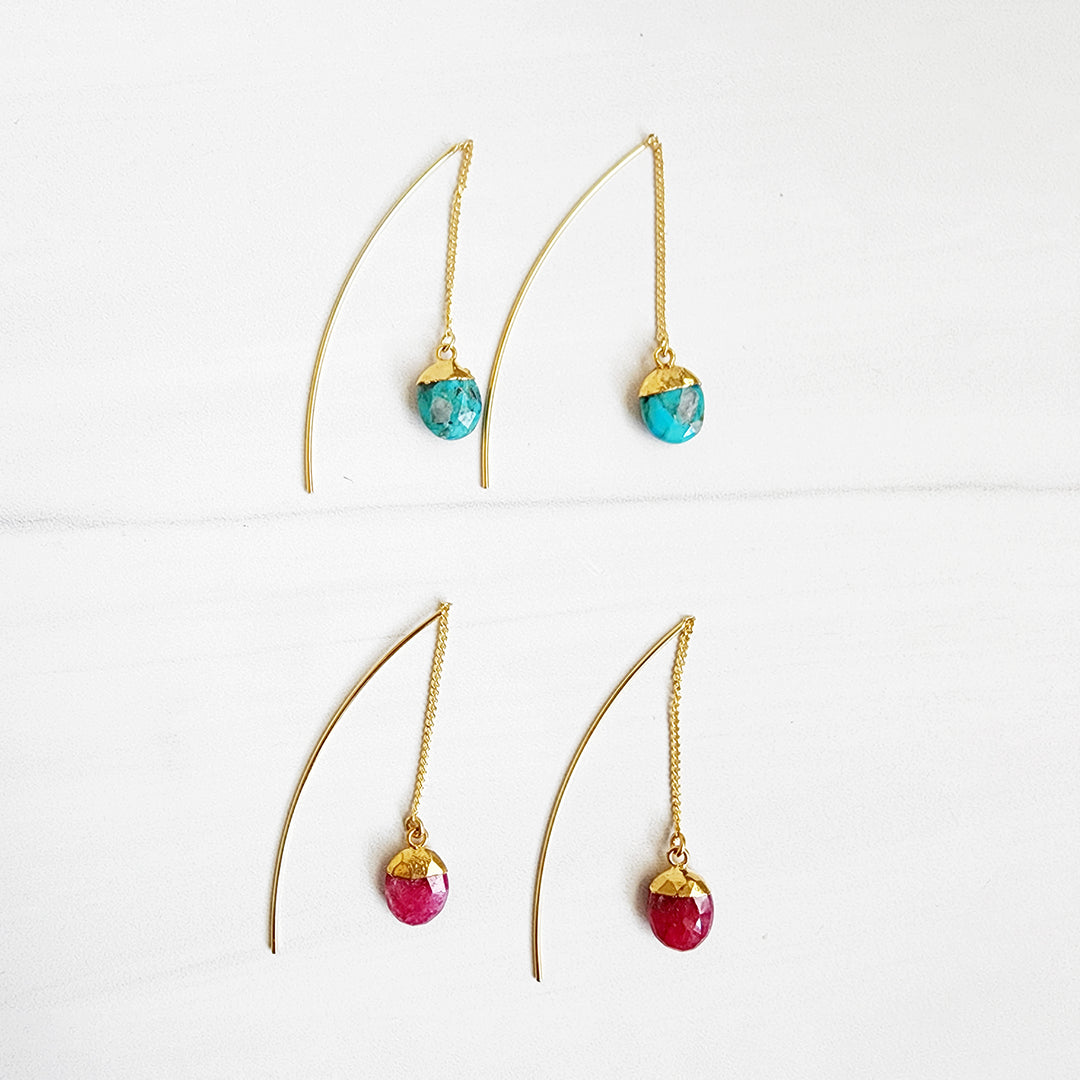 Simple Long Chain Gemstone Drop Earrings in Gold